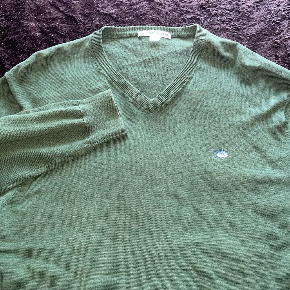 Southern Tide Sweater Adult Large Green V Neck Pullover Cotton Long Sleeve Men